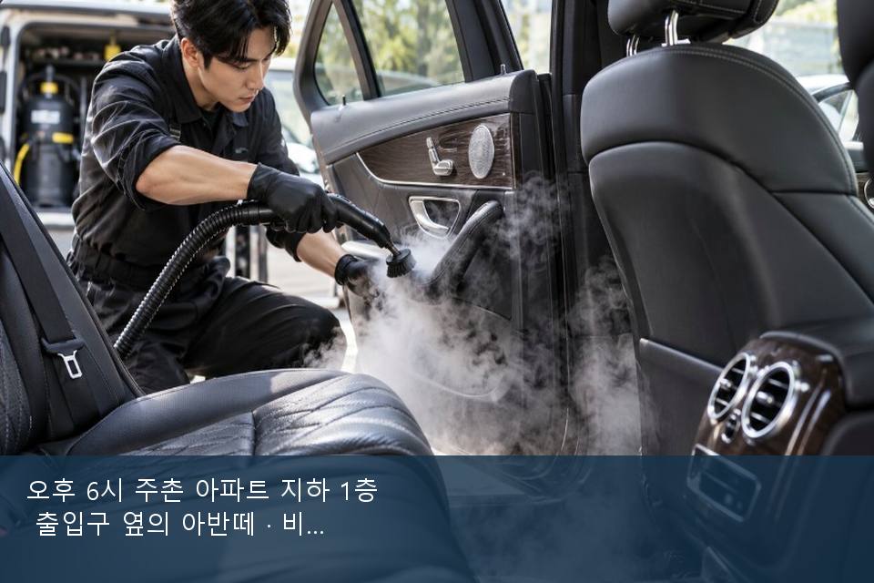 오후 6시 주촌 아파트 지하 1층 출입구 옆의 아반떼 · 비 갠 뒤의 작업